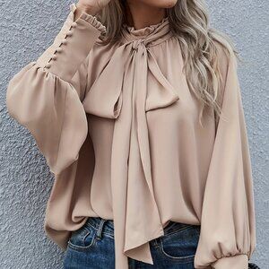Ruffled Tie Neck Long Sleeve Blouse